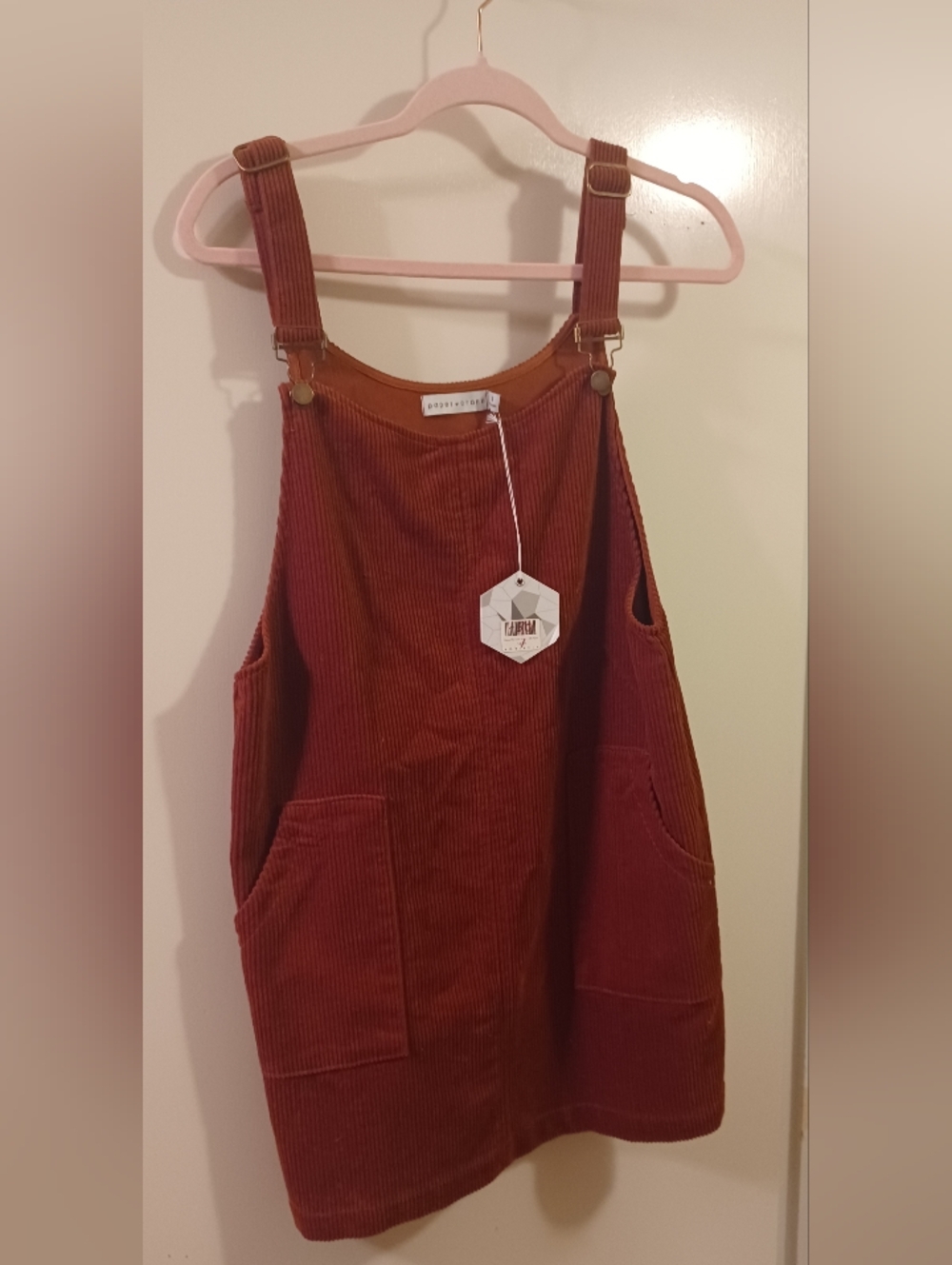 NWT Paper Crane Ribbed Corduroy Overall Dress in Rust Small